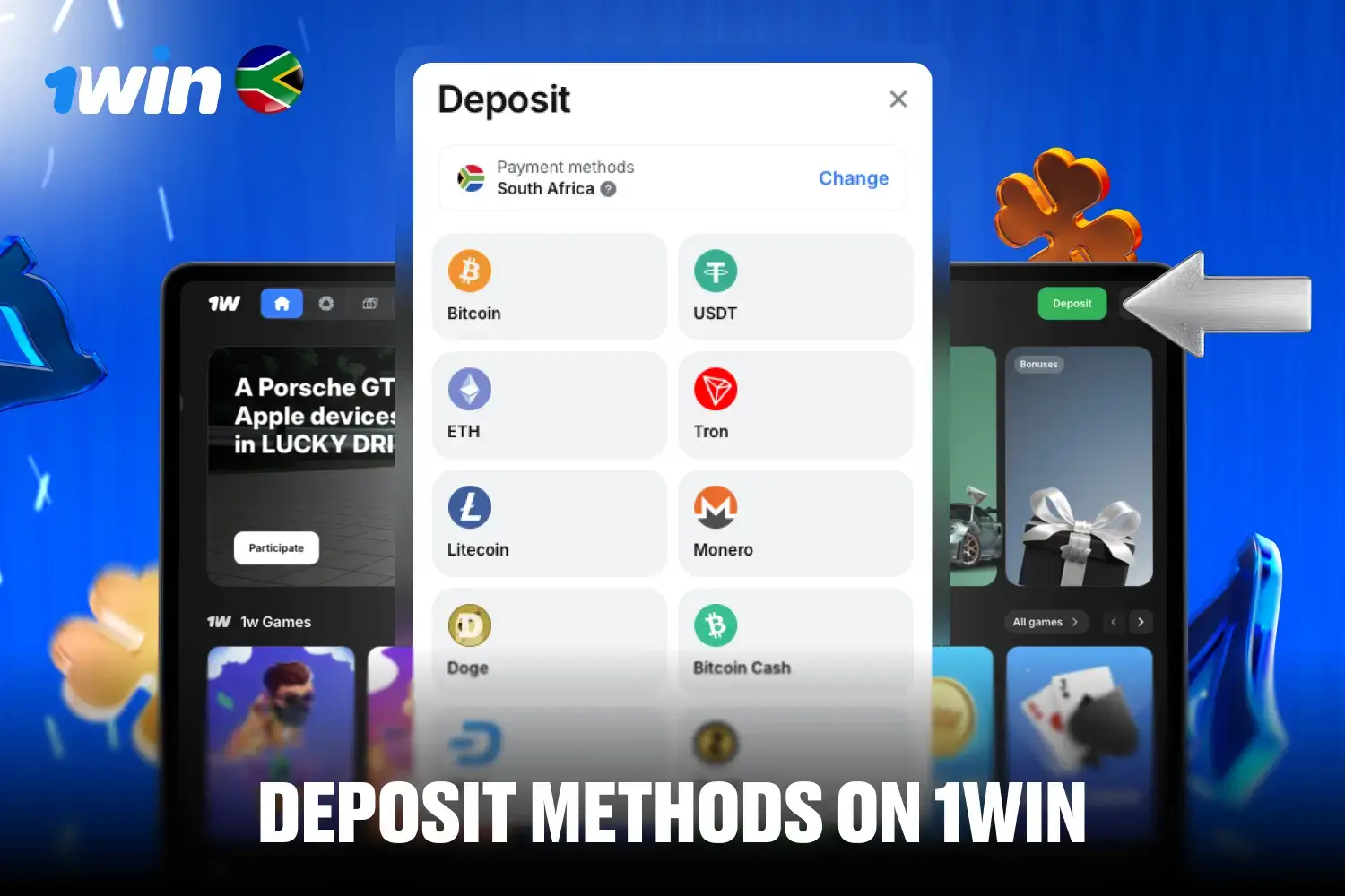 Deposit options interface showing bank cards and e-wallets